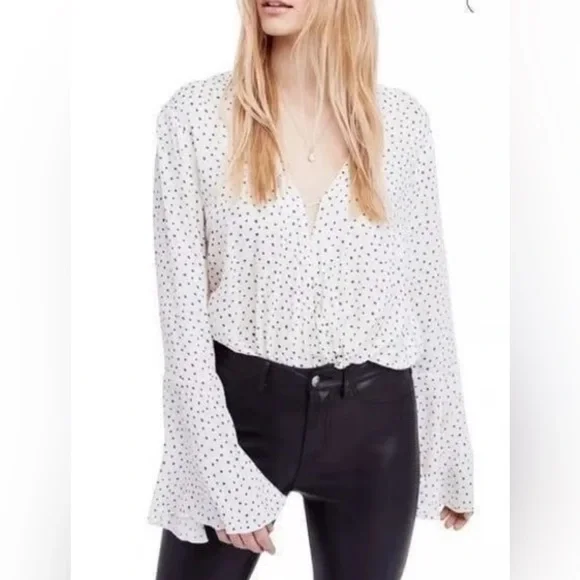 Free People Intimately Free Ivory Makin Waves Bell Sleeve Cream Blue bodysuit M - Picture 1 of 12